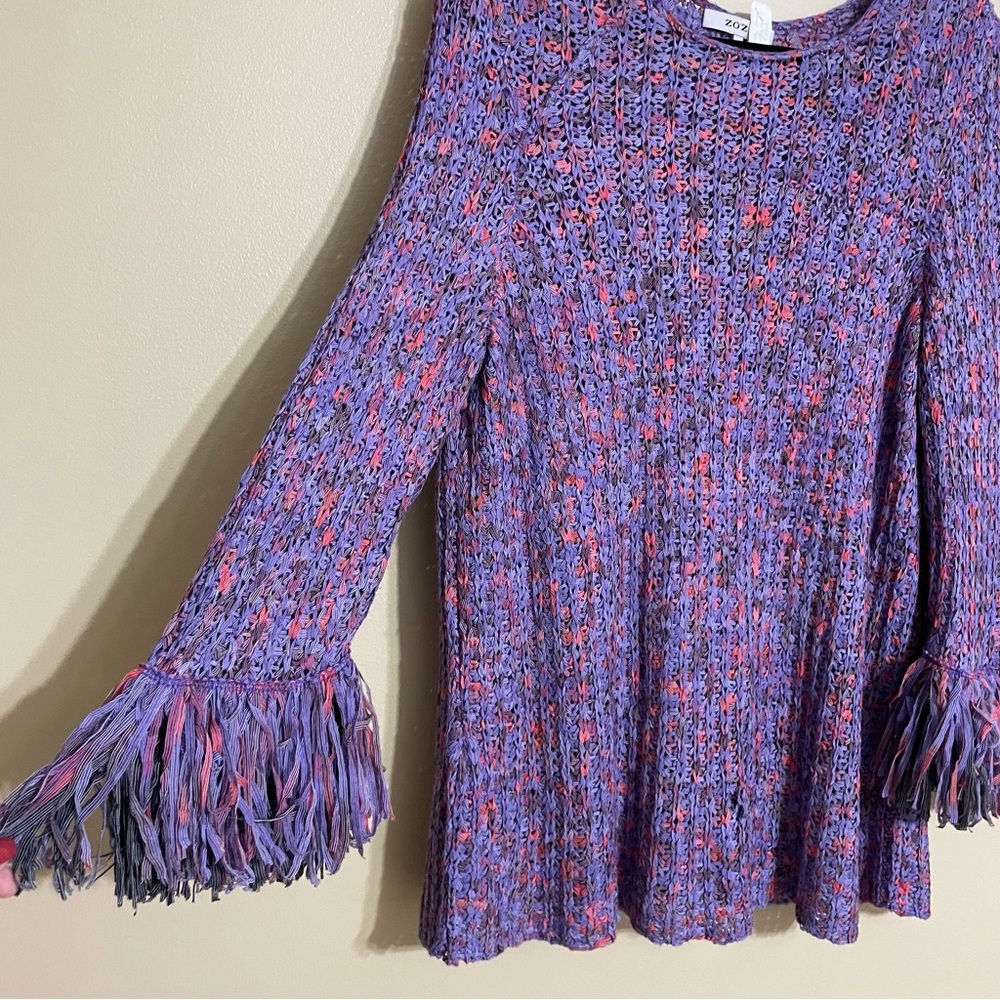 ZOZO open knit crochet multicolor sweater with fringe Pom Pom cuffs‎ size large - Picture 2 of 6